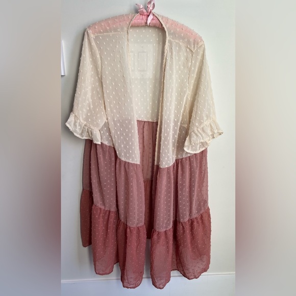 Emery Rose Sheer Pink and Cream Open Cardigan Textured Short Sleeves 2X - Picture 3 of 8